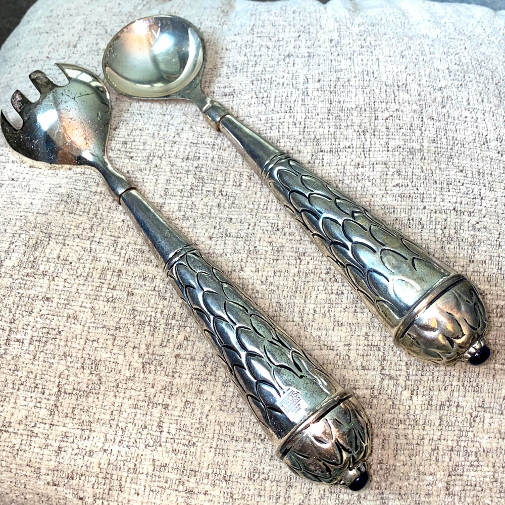 Vintage-Style Salad Serving Set Silver Plated Twos Company, Royal Blue Stones